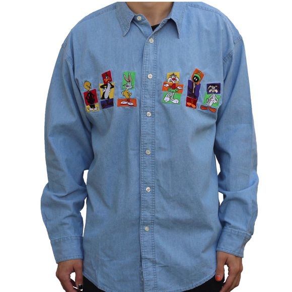 VINTAGE 90's Warner Bros Looney Tunes Chambray Shirt Embroidered Button Front XL - Picture 1 of 10